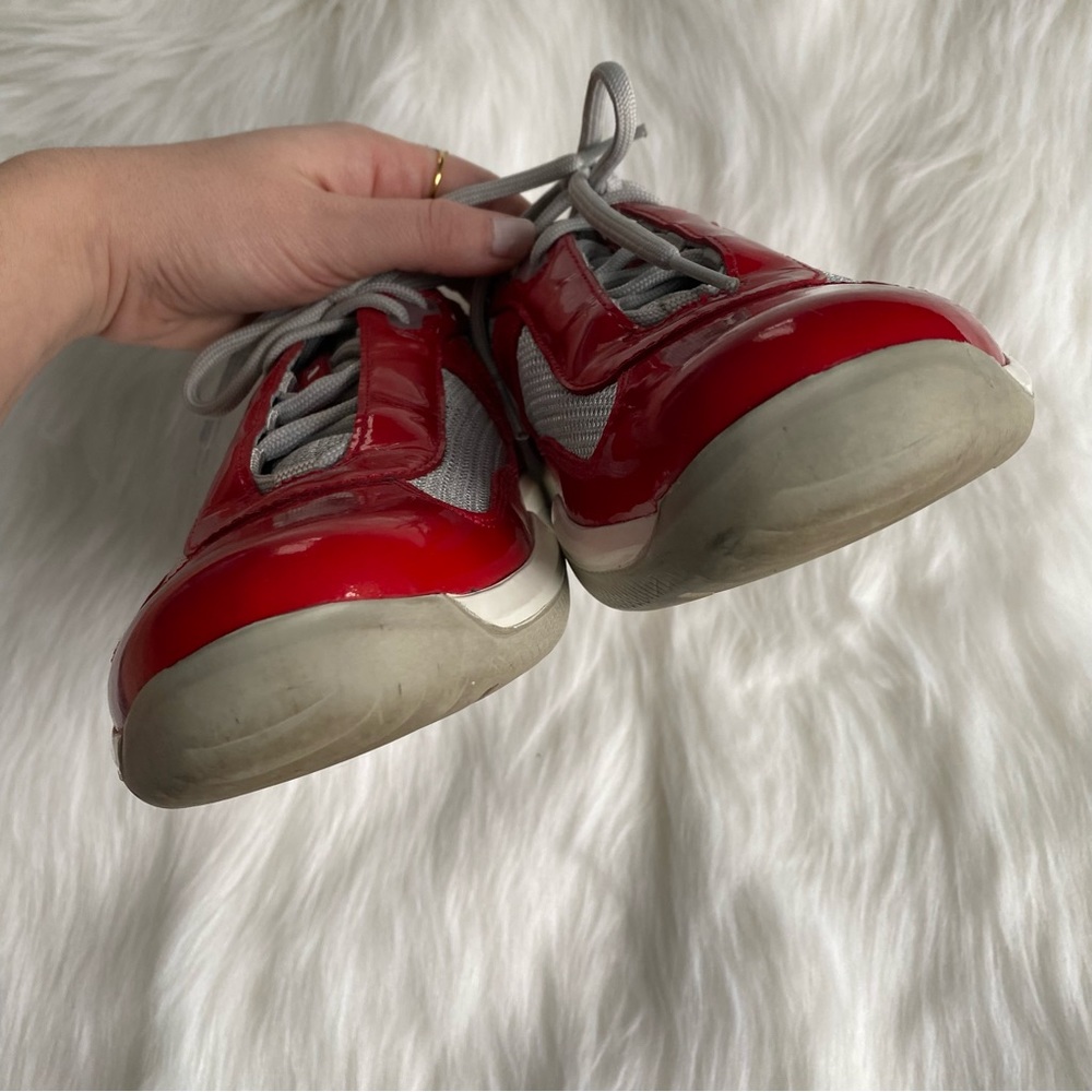 Prada America’s Cup Red Patent Leather & Silver Mesh Lace-Up Men’s Sneakers - Picture 4 of 16